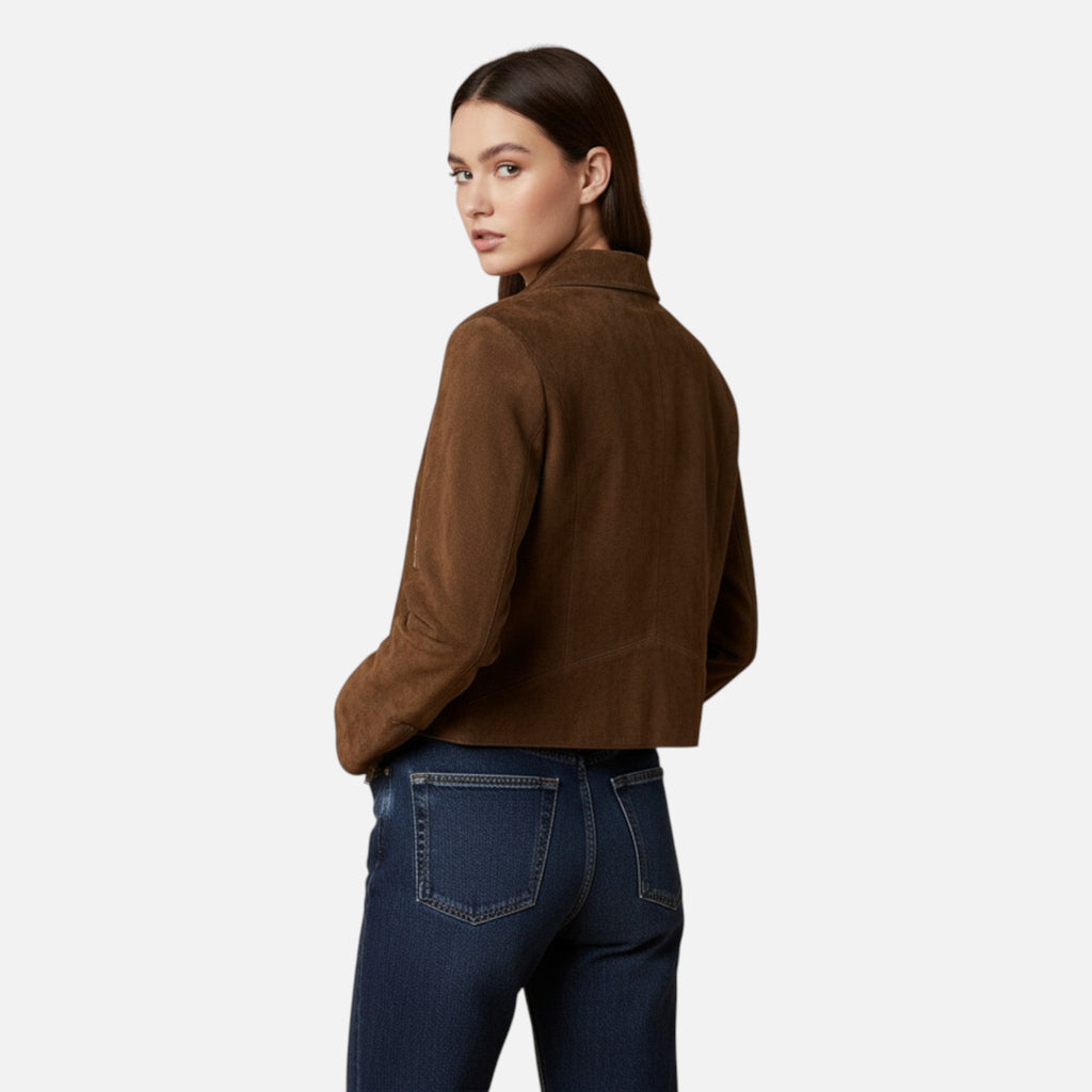 Sauvoire | Dames herfstjas – trendy bruine suède-look jas met ritssluiting