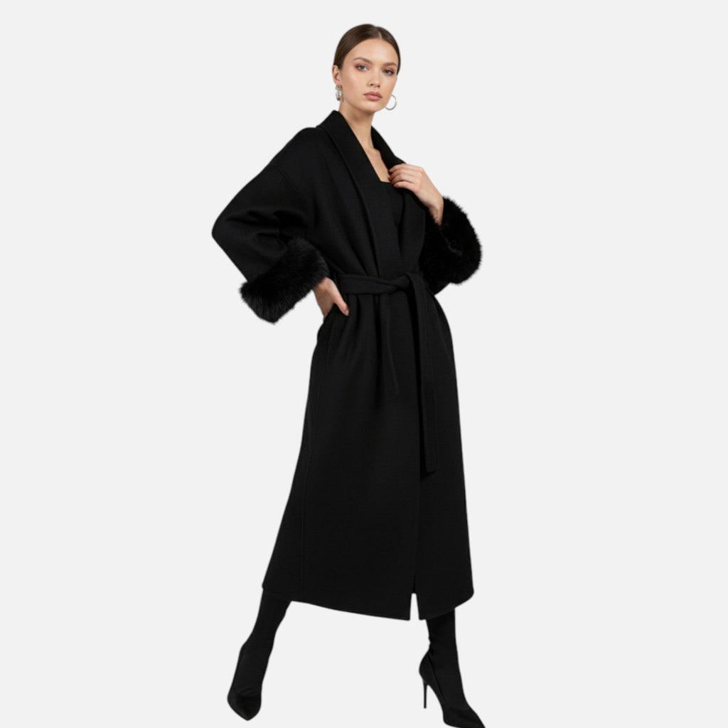 Sauvoire | Manteau Femme Laine Double-Face Col Fourrure Renard