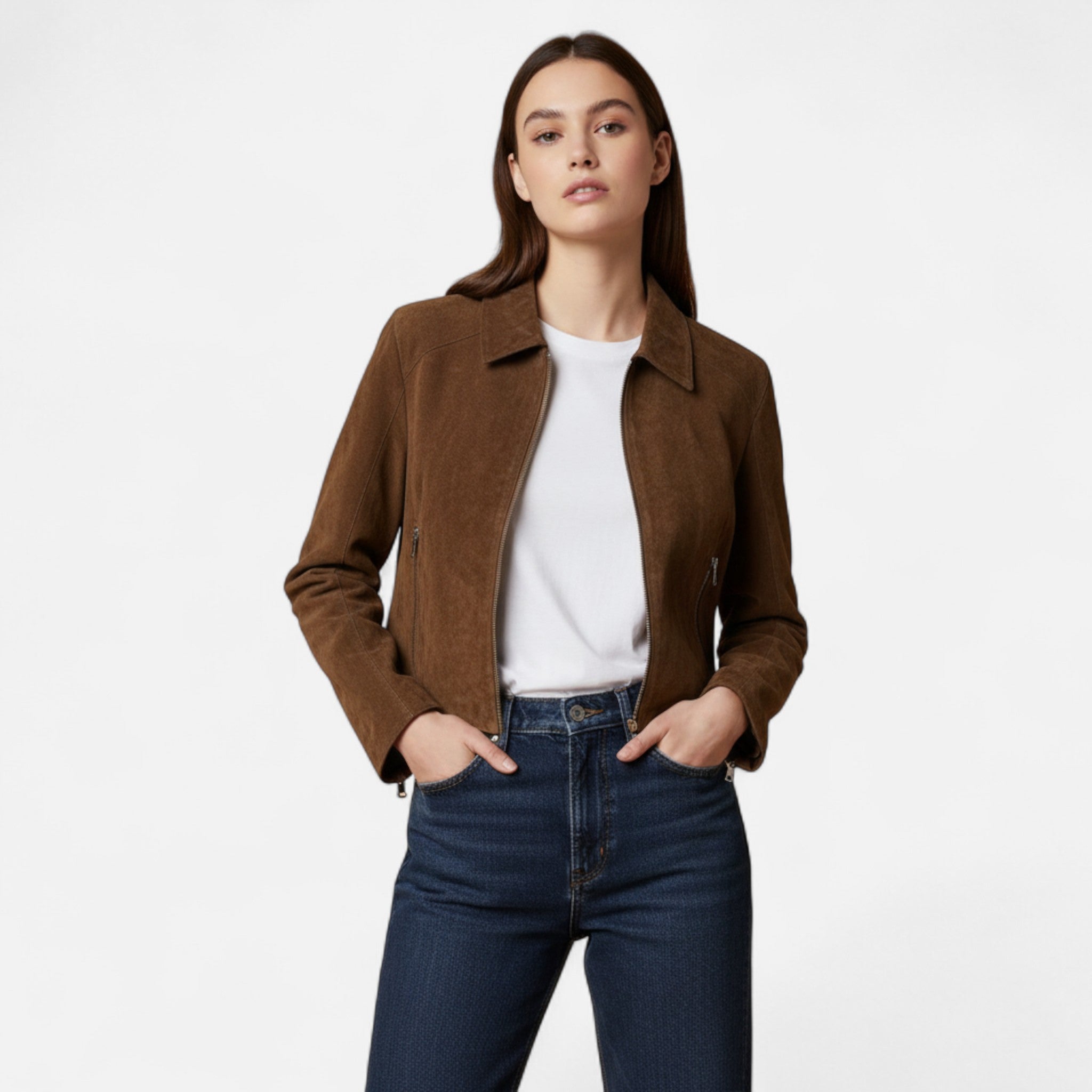 Sauvoire | Dames herfstjas – trendy bruine suède-look jas met ritssluiting