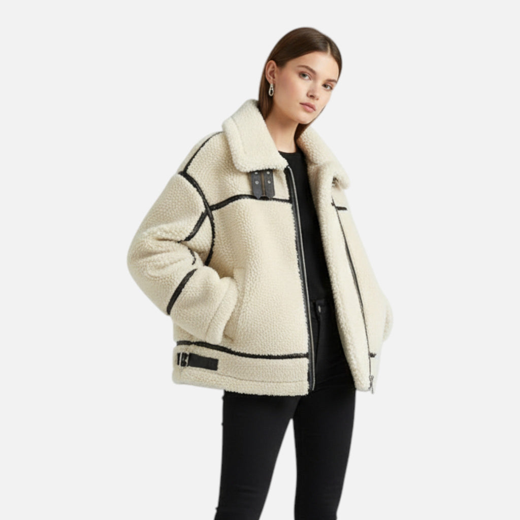 Sauvoire | Veste Femme en Similicuir avec Col en Fourrure Synthétique