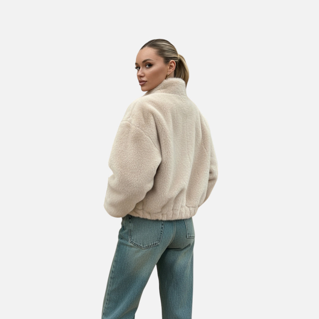 Sauvoire | Trendy damesjas – teddy fleece winterjas in beige met hoge kraag