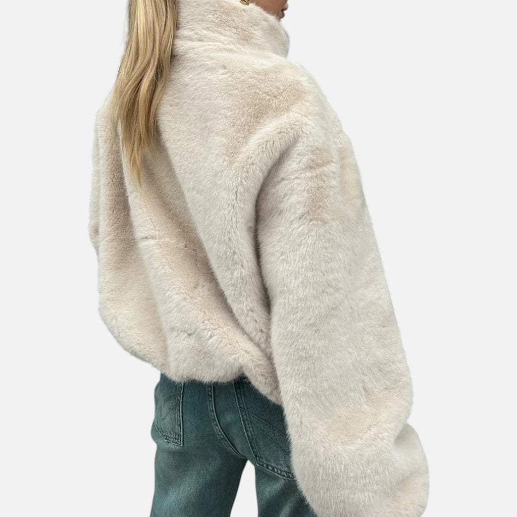 Sauvoire | Trendy damesjas – teddy fleece winterjas in beige met hoge kraag