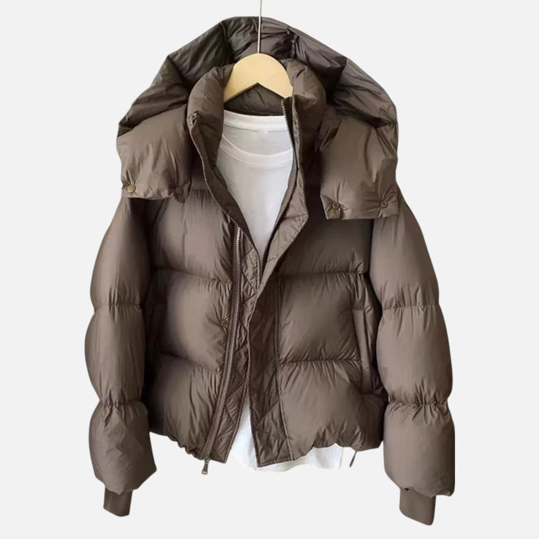 Sauvoire | Beige dames pufferjas – korte gewatteerde winterjas met capuchon