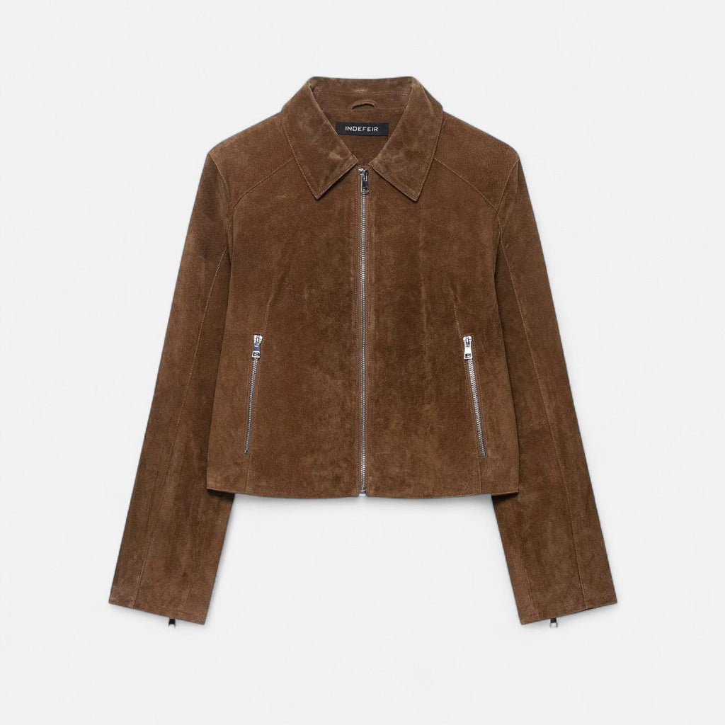 Sauvoire | Dames herfstjas – trendy bruine suède-look jas met ritssluiting