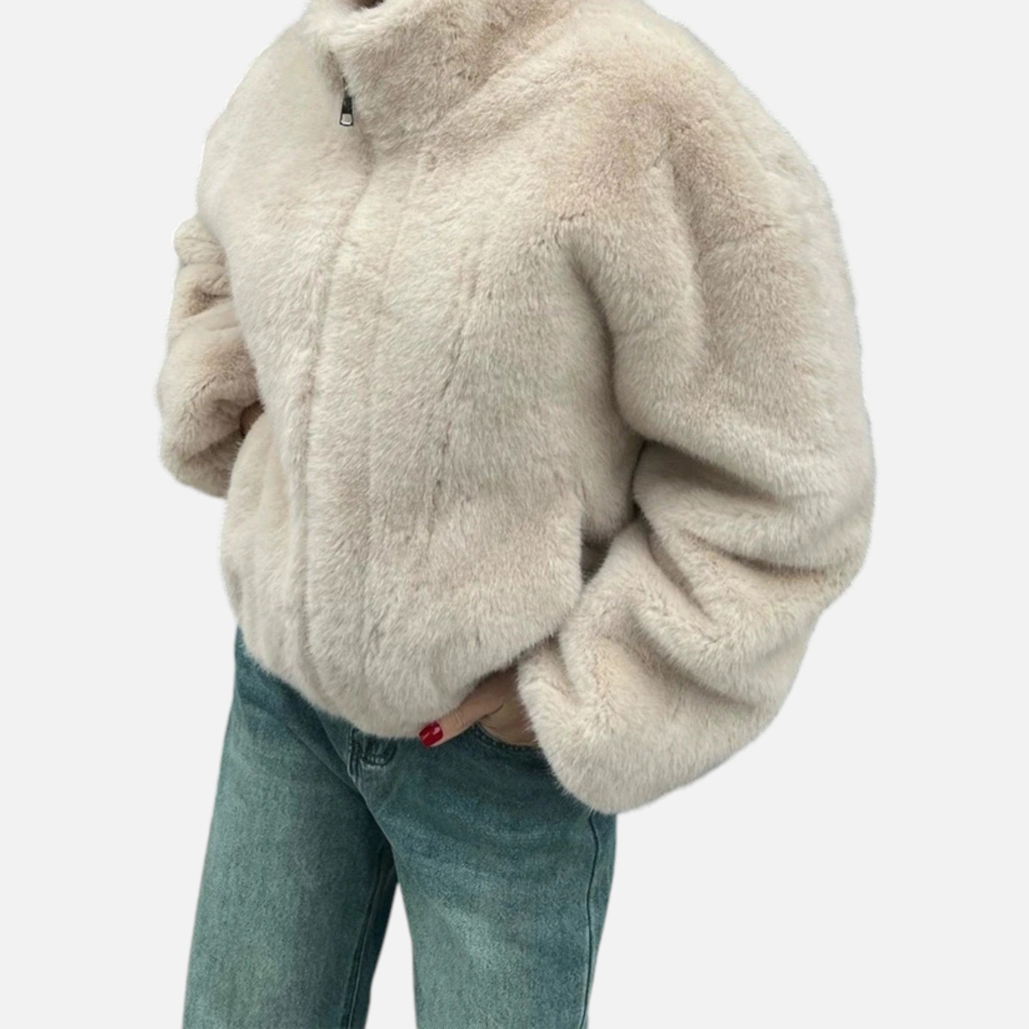 Sauvoire | Trendy damesjas – teddy fleece winterjas in beige met hoge kraag